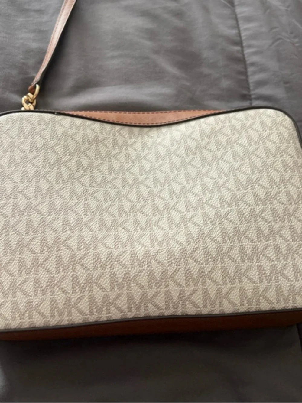 Michael Kors women Beige MK Logo Messenger Bag with Tan Trim